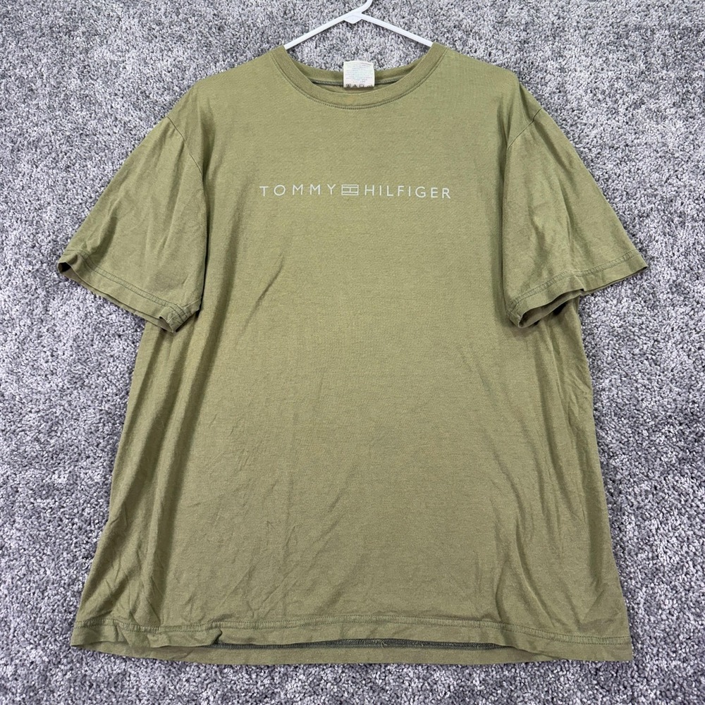 Vtg Tommy Hilfiger Shirt Mens Large Green Logo Graphic Casual Crewneck Cotton